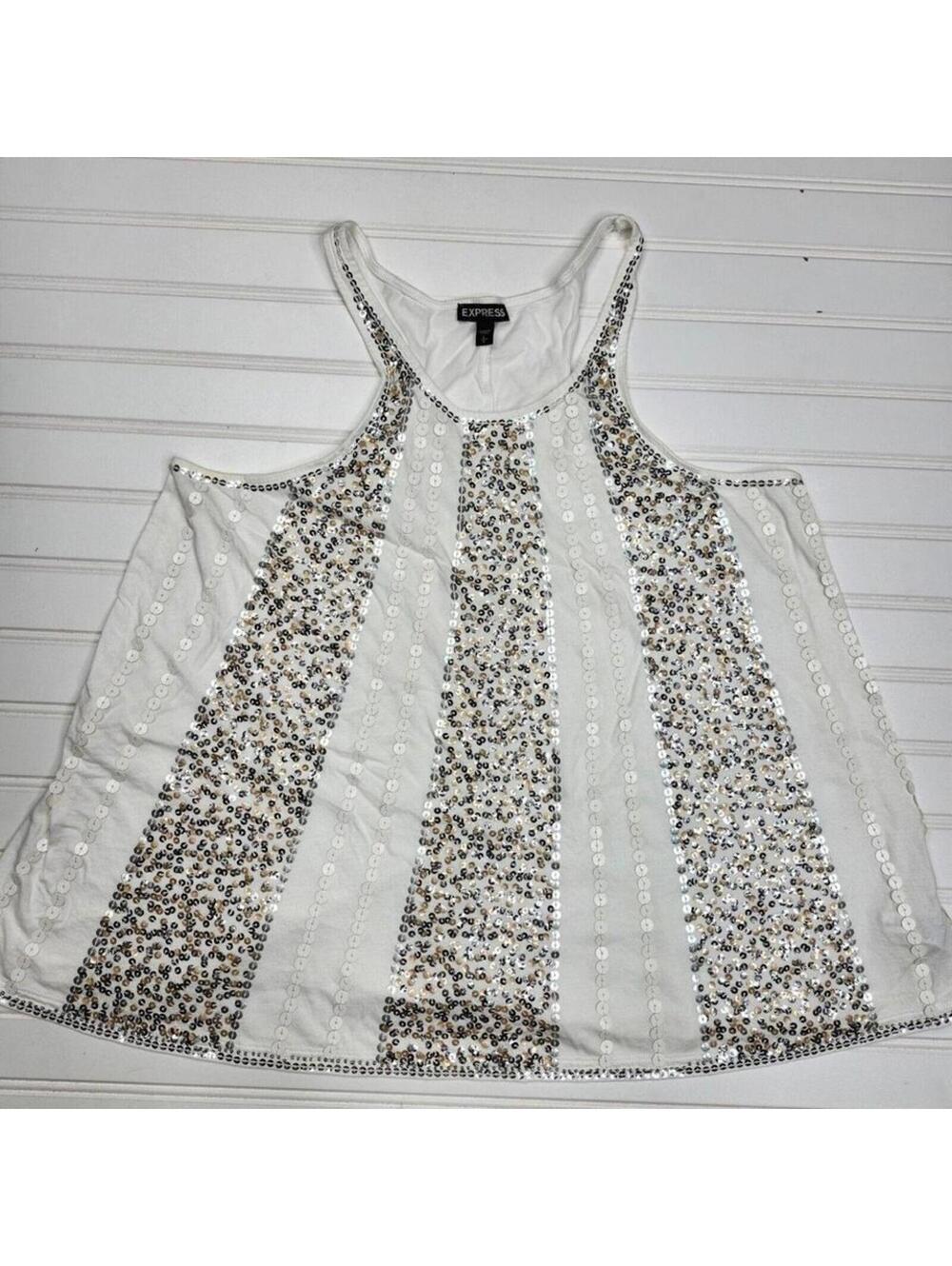 Express White Sequin Stripe Tank Top Large